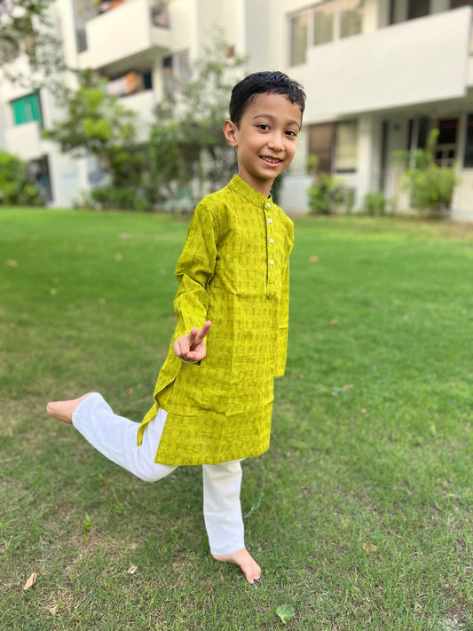 Green Cotton Dobby Long Kurta