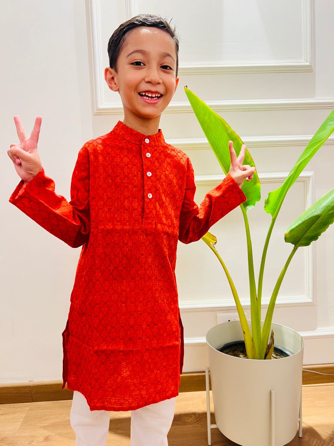 Orange Cotton Dobby Jaal Kurta